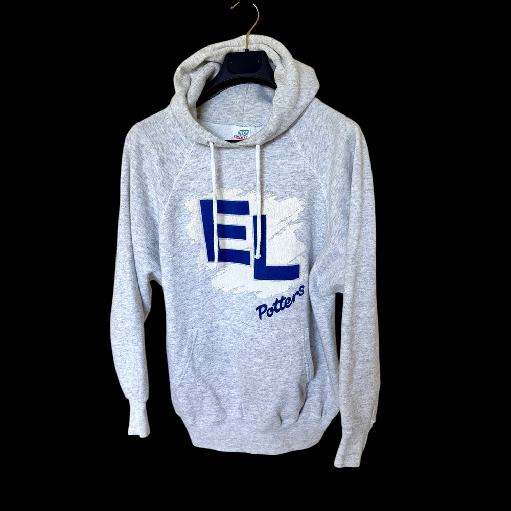 Vintage 70's EL‎ Potters Hoodie Gray Made in USA Large Mens Raglan Sweatshirt